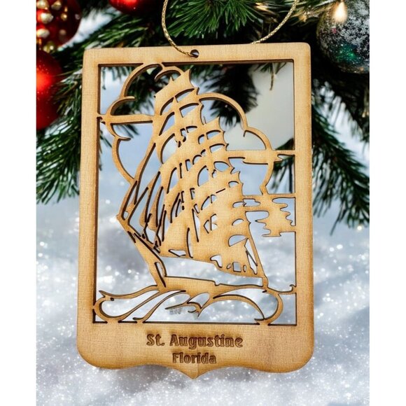 Vintage Wooden Ship Christmas Tree Ornament St Augustine Florida Nautical Boat - Picture 1 of 6